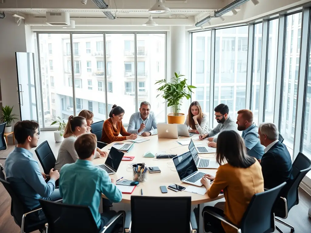 A diverse group of South African startup founders brainstorming ideas in a modern office space, reflecting the collaborative environment fostered by GrowSpark Mentors.