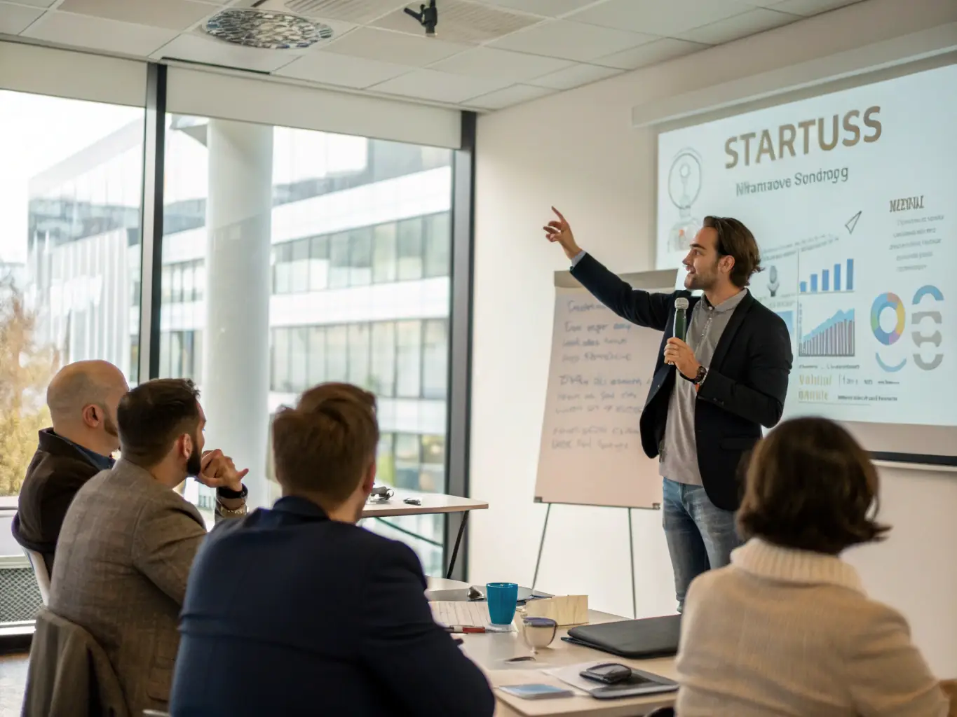 An image of a startup founder presenting a pitch to a group of investors in a professional setting, showcasing confidence and preparation.