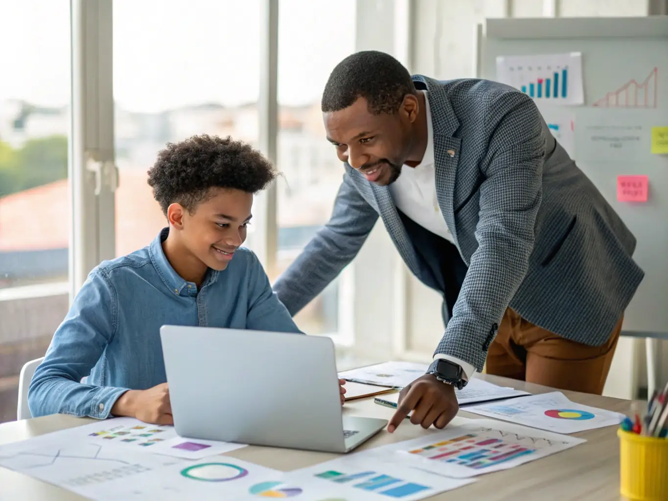 A mentor guiding a startup founder through a financial model on a laptop, illustrating GrowSpark's hands-on approach to business scaling.